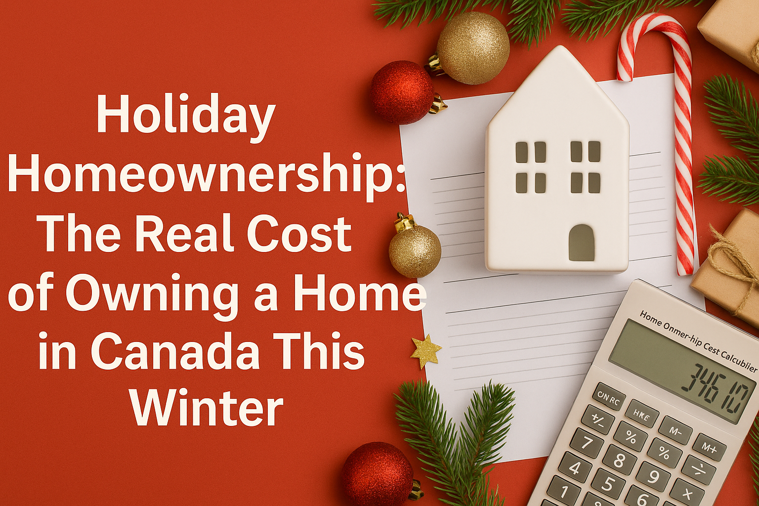 Red background with an image of a house and christmas decor, and a calculator with the text "Holiday Homeownership: the real cost of owning a home in canada this winter" in white